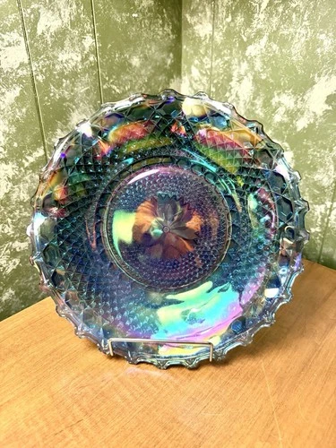 Vintage Indiana Glass Bowl Windsor Iridescent Blue Carnival 10" Round Crimped