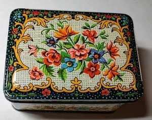 Vtg Metal Hinged Decorative Tin Faux Needlepoint Floral Design England 4×3