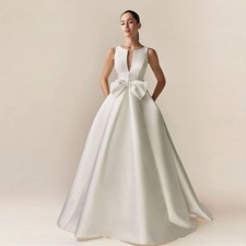 Sexy Deep V Neck A Line Wedding Dresses Floor Length Pleats Bow Bride Gowns