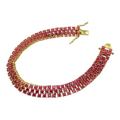 Gold Plated Lead Glass Filled Ruby Three Row Line Sterling Silver Bracelet 8 
