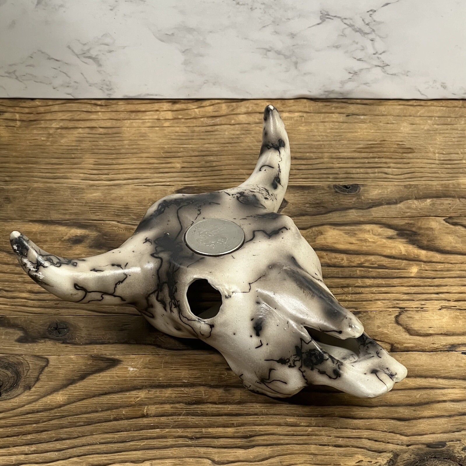 Wyoming Pottery Horse Hair Steer Skull Sculpture by Evanston
