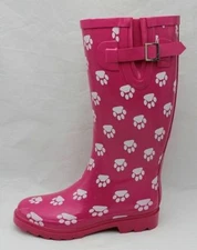 woman's Rain Boots  Lady Rubber Rain Boot fuschia with white foot print