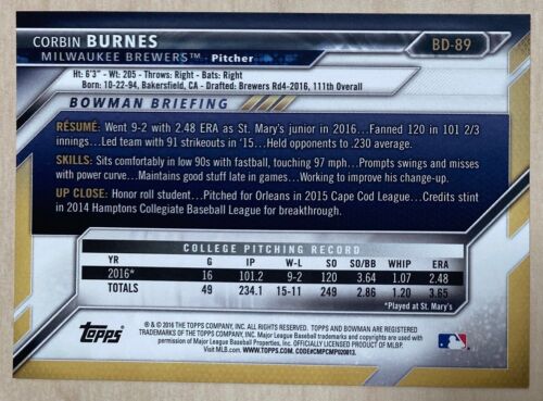 Corbin Burnes - Bowman Draft 2016 #BD-89 - MILWAUKEE BREWERS - Imagen 2 de 2