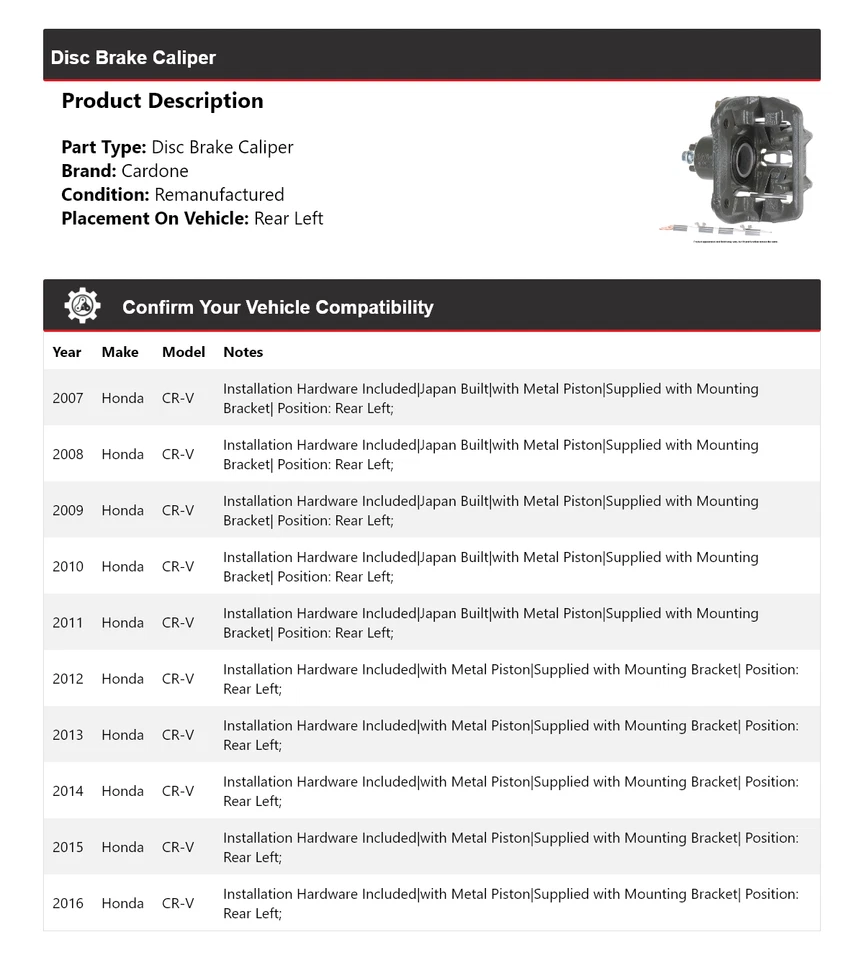 Para 2007-2016 Honda CR-V pinça de freio a disco traseira esquerda Cardone 2008 2009 2010 - Imagem 2 de 4