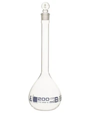 Eisco Labs 200ml Volumetric Flask with Glass Stopper, Class B - White Graduation