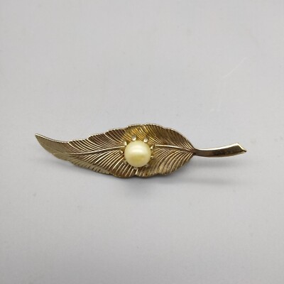 Faux Pearl Feather Leaf Brooch Pin Gold Tone Prong Set Acrylic Vintage 2.25''