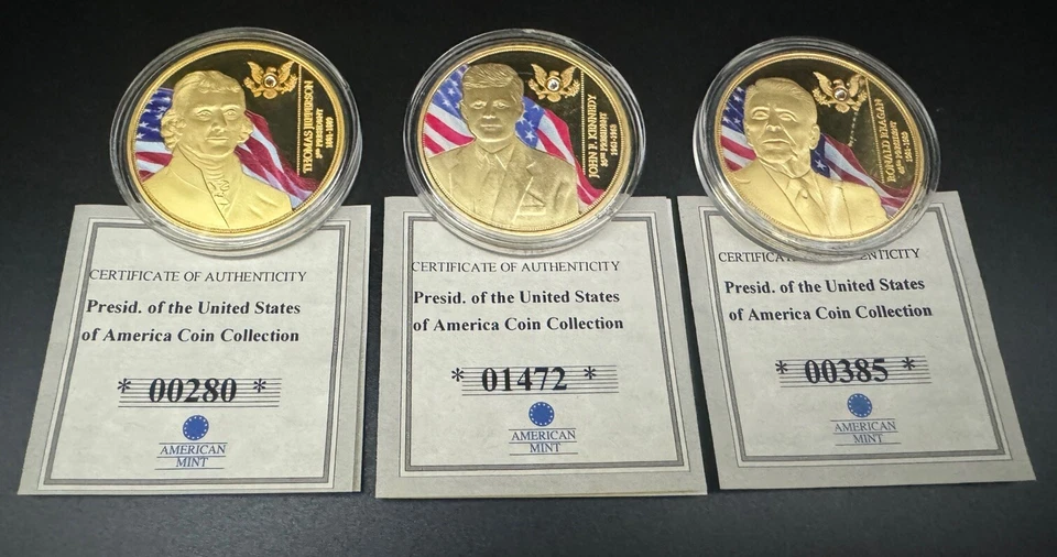 President Jefferson/Kennedy/Reagan RARE Lot (3) Gold-plate Swarovski Comm. Coins - Image 2 of 4