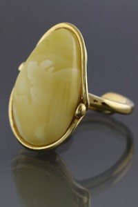 Authentic WHITE Genuine BALTIC AMBER Gold Plated Silver Adjustable Ring 7.5g 190404-17