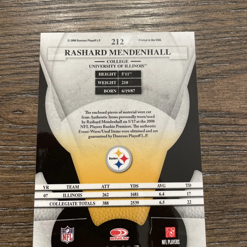 2008 Leaf Certified Materials Rashard Mendenhall Freshman Fabric Gold /25 Patch - Image 4 of 4
