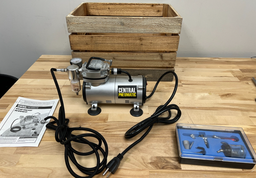 Central Pneumatic Air Compressor w/ Deluxe Airbrush Kit. Wood Crate & Manual - Picture 4 of 13