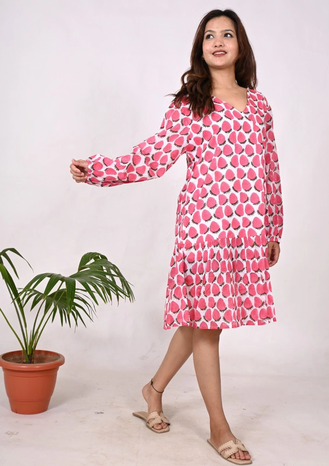 Women Boho Summer Dress Hand Block Printed Fruit Design Tunic Hippie Casual Wear