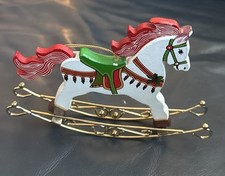 Vintage Wood Rocking Horse Christmas Ornament White With Red Green Mane and Tail