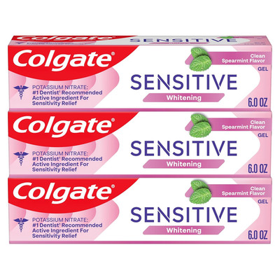 Colgate Whitening Sensitive Toothpaste Gel, Clean Spearmint, 3 Pack, 6 Oz | with