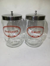 2 Vintage Glasco / Gauze Bandages Doctor Medical Apothecary Glass Jar Stainless 