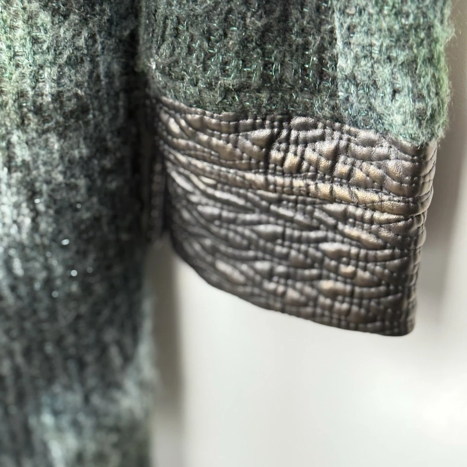 Alberto Makali Cardigan Duster L Green Black w/Quilted Faux Leather Trim Vtg - Image 3 of 4