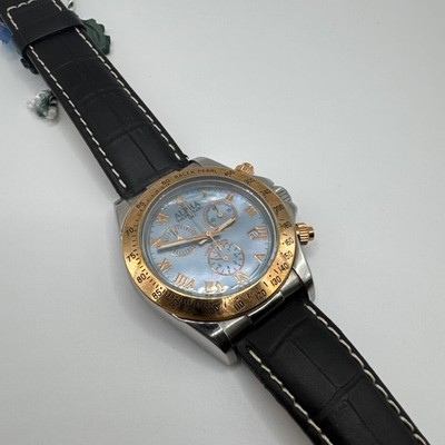 New Alpha 1993 Men s Watch Racer Pearl Chrono 43mm Silvertone Blue Dial Read***