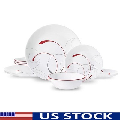 12 Pc Durable Dinnerware Set Dishwasher Microwave Safe Stylish Tableware Kitchen