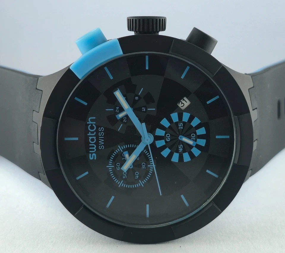 Reloj pulsera de cuarzo Swatch de lujo cronógrafo para hombre esfera negra con fecha correa de goma Foto 4 de 4