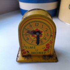Cute Vintage 1940s yellow Tin and Card Childs Money Box Fairground Prize