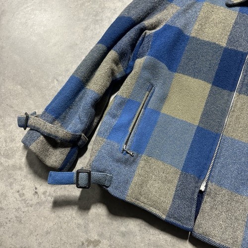 Vintage 50s Wool Mackinaw Jacket Blue Plaid Size 44 Large Rare Side Buckles - Picture 3 of 9