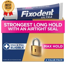 4 Pack Denture Adhesive Cream Ultra Max Hold Secure Strong Grip 2.2oz Each Tube