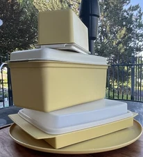 Vtg. Tupperware Lot Deviled Egg Keeper/Trays, Bread Storage, Butter, Gold Almond