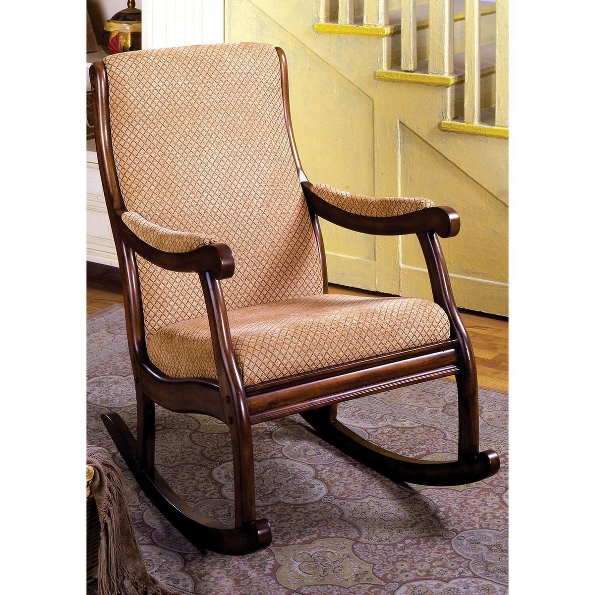 Rocking Arm Chair Classic Style Padded Fabric Seat Upholstery in Antique Oak