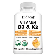 Vitamin D3+K2 -30/60/120 Capsules- Vitamin D3 10,000IU - Vitamin K2 100Mcg