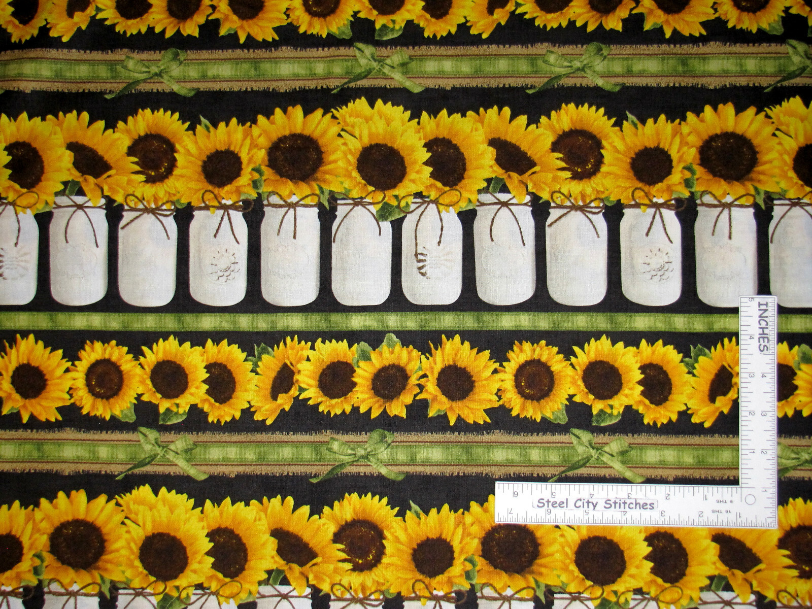 Sunflower Canning Jar Country Stripe Cotton Fabric Timeless Treasures C5254 Yard