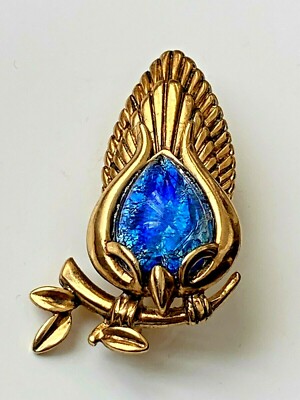 VOGEL BROSCHE auf goldenem ZWEIG Glas BLAU 4,7cm signiert P&M Paris wunderschön
