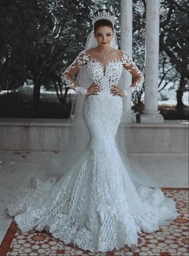 Appliqued Beaded Mermaid Wedding Dress Long Sleeves Sheer Neck Gown - Picture 6 of 7
