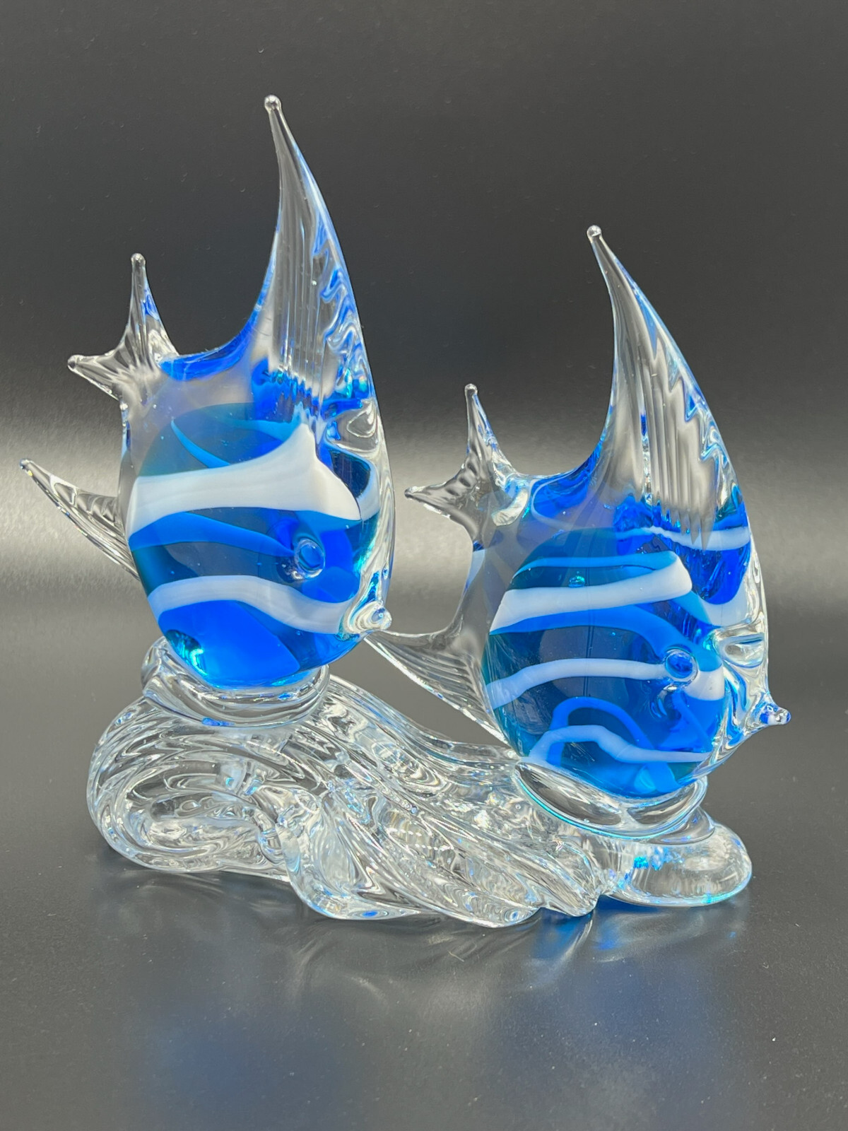 Hand Blown Studio Art Glass 2 ANGEL FISH Riding a Wave Surfing Blue and White