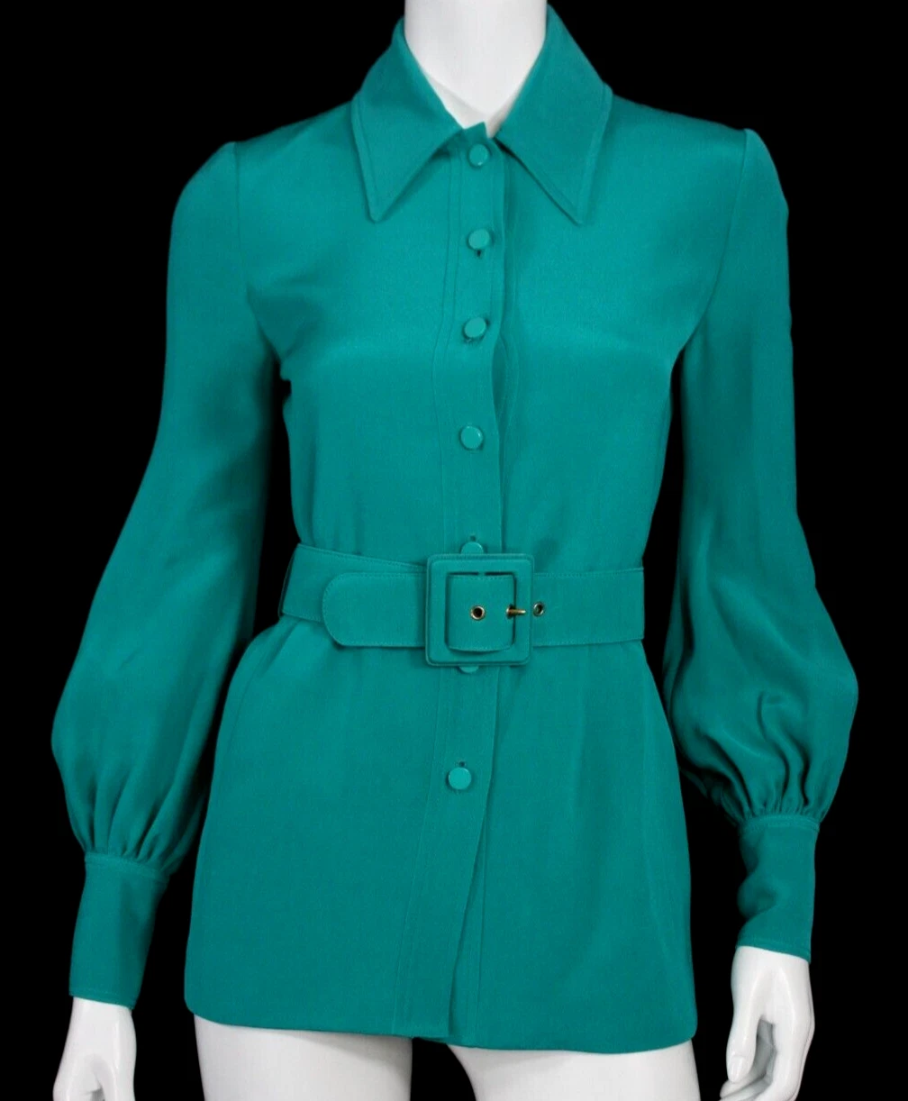 Chemisier ceinturé GUCCI vert sarcelle soie satin col crêpe boutonné avant 36