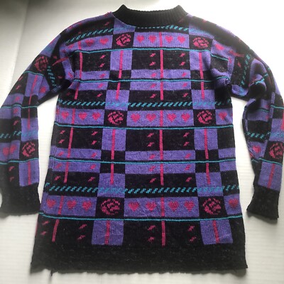 Vtg Adele Rose Heart Plaid Black Purple Pullover Sweater Sz M? A1040