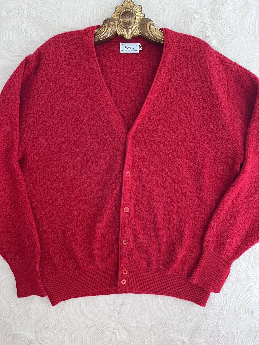 Vintage 70s Dache Red Boucle Wool Cardigan Sweater Men's Large Geek Nerd  Preppy