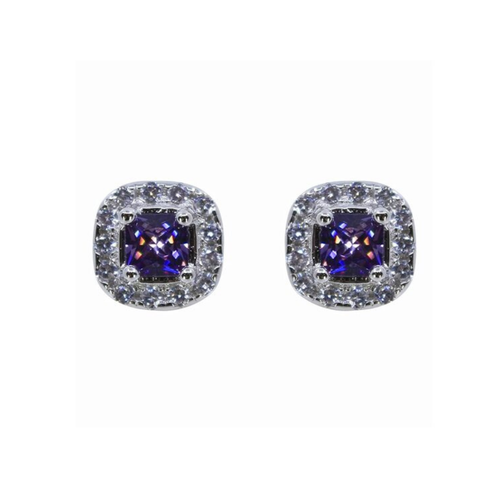 WHITE GOLD FINISH Square Cut Purple Amethyst and Created Diamond Stud Earrings - 第 1/4 張圖片