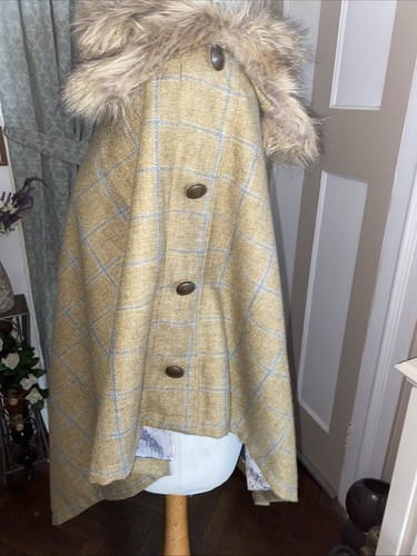 Green Check Tweed Wool Fur Collar Poncho Cape OSFA Handmade Gift Paisley Lined❤️ - Picture 6 of 13