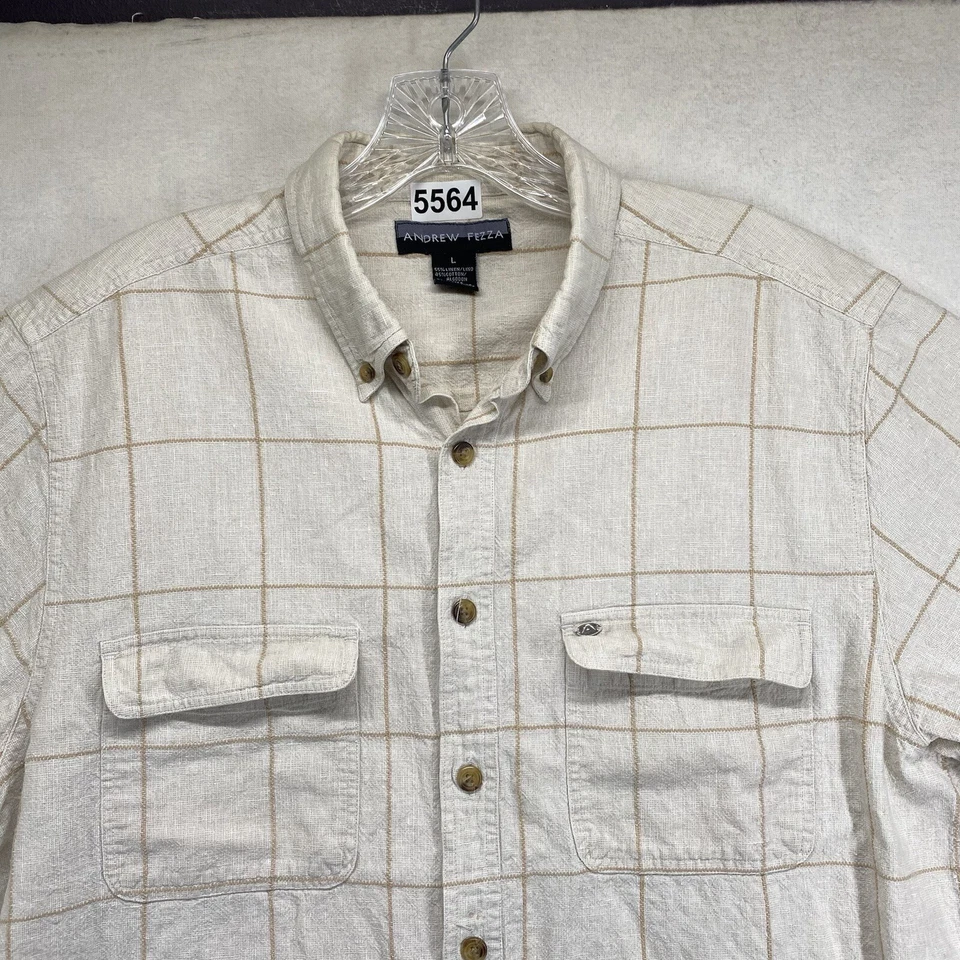 Andrew Fezza Short Sleeve Button Down Beige Linen Blend Checkered Shirt Men's L - Image 3 of 4