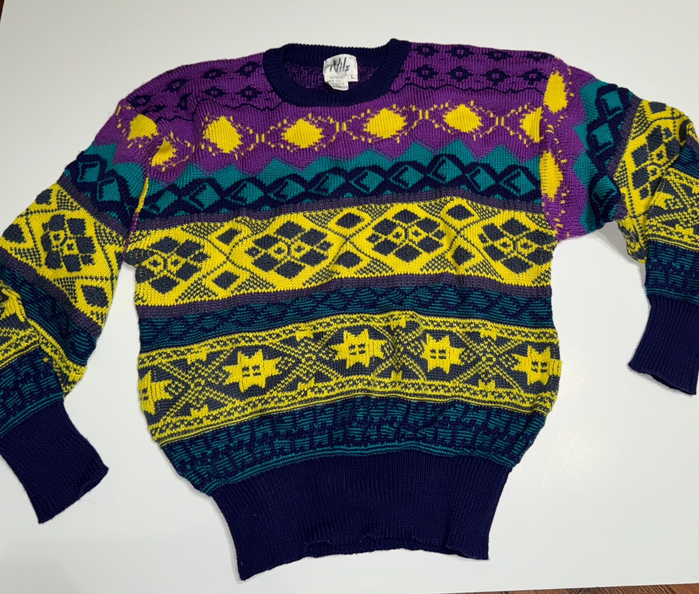 Nils Wool Blend Sweater Vintage 80s Women's Large Teal Yellow Purple Pullover