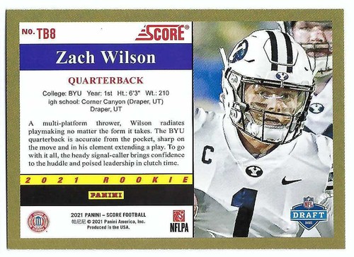 Zach Wilson Brigham Young BYU Cougars Rookie 2021 Panini Score Football #TB8 - 第 2/2 張圖片