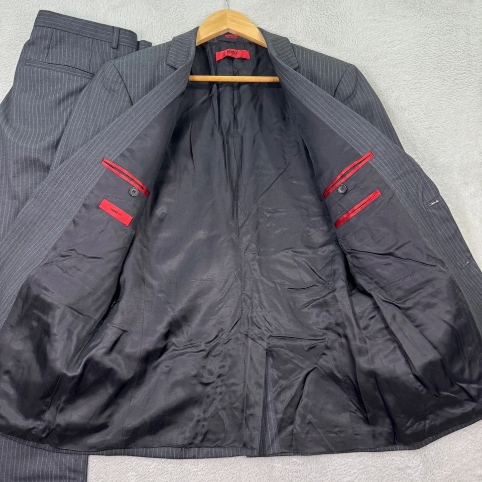 HUGO BOSS Men 38S Recent Gray Pinstripe S120 Wool Suit Blazer Pants 30x30 Preppy - Image 4 of 4