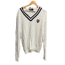 Polo Ralph Lauren White V Neck Cricket Tennis Cable Knit Men's Sweater Size L