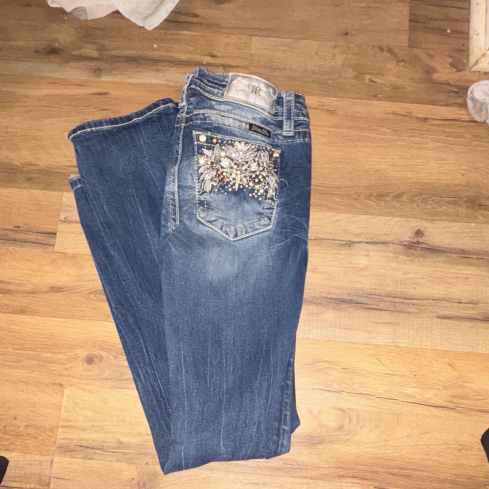 Embellished Rhinestone Distressed Blue Denim Women