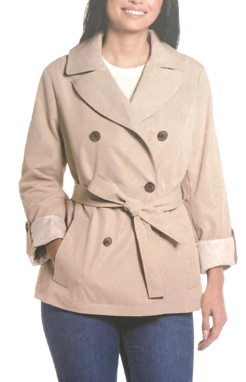 Weatherproof Women's Lightweight Double Breasted Tie Waist Trench Coat, Tan, S