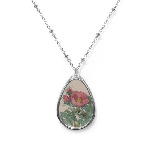 Redoute Rose Oval Necklace Vintage Botanical Silver - product listing photo