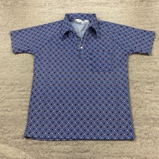 VTG Lilly Dache Dagger Point Polo Shirt Large Blue Bowl Print Rockabilly 60s 70s