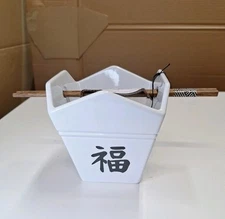 Ceramic Porcelain Chinese Takeout (B) Serving Bowl w Chopsticks w good fortune