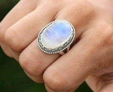 Blue Fire Gemstone Oval Moonstone Ring: Sterling Silver Statement, Handmade
