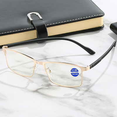 Metal Square Business Reading Glasses Anti Blue Light Presbyopia Lesebrille