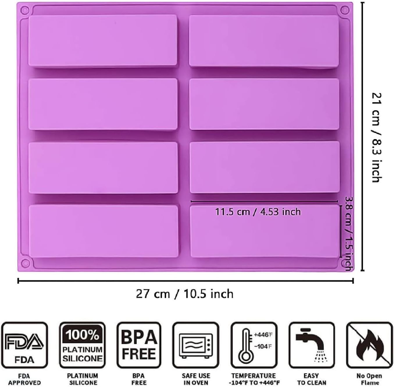2 Pack 8-Cavity Granola Bar Mold Silicone Rectangle Energy Bar Molds